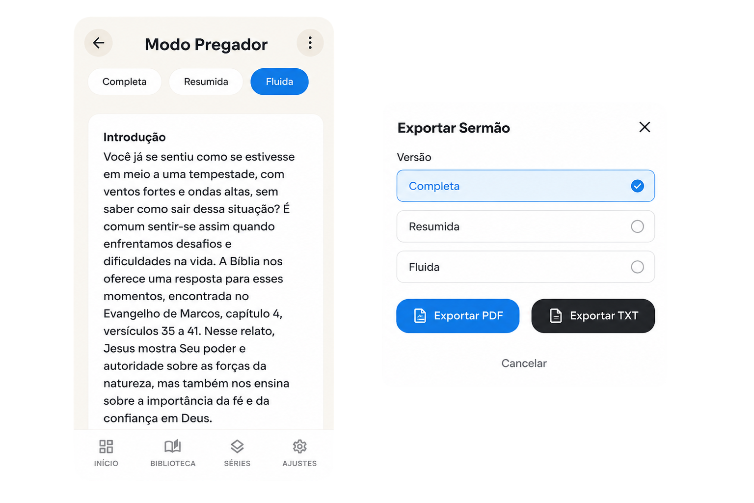 Mockup do Sermonário mostrando o modo pregador e as opções de exportação em PDF e TXT